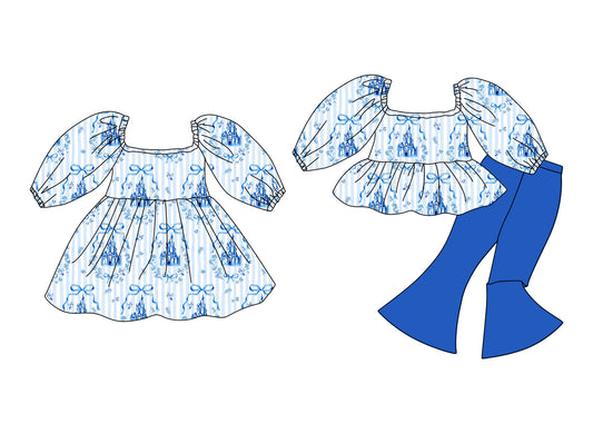 25.12.10 custom each style moq 5 eta 6-8week Sibling Sister castle bow baby short sleeve pants sets and dress match design