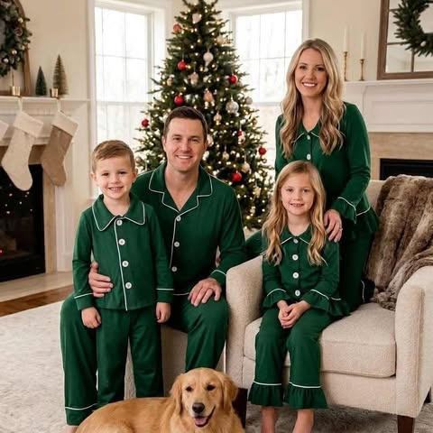 (Preorder new) No moq Adult To Match Kids Solid Green Christmas Long Sleeve Collared Button Down Pajama Set Holiday Sleepwear