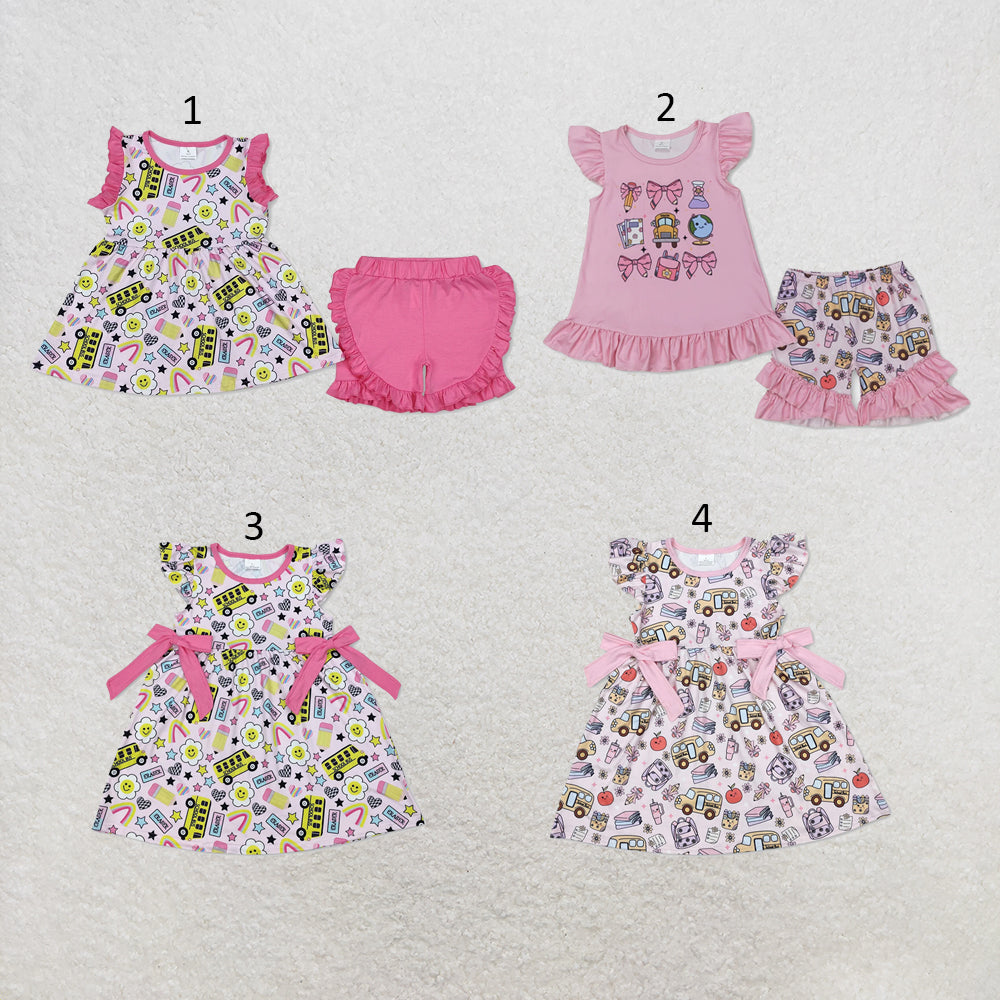 RTS NO MOQ Sibling milk silk Baby Girls Bus Print Back To School Tunic Top Ruffle Shorts Clothes Sets Dress