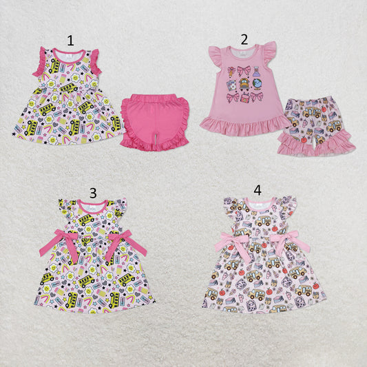 RTS NO MOQ Sibling milk silk Baby Girls Bus Print Back To School Tunic Top Ruffle Shorts Clothes Sets Dress