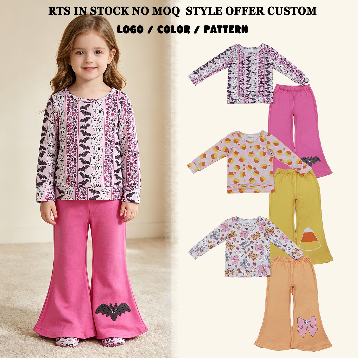 RTS NO MOQ Sibling milk silk Baby Girls Stars Candy Top Flare Pant Halloweens Clothes Sets Fashion Matching Outfit