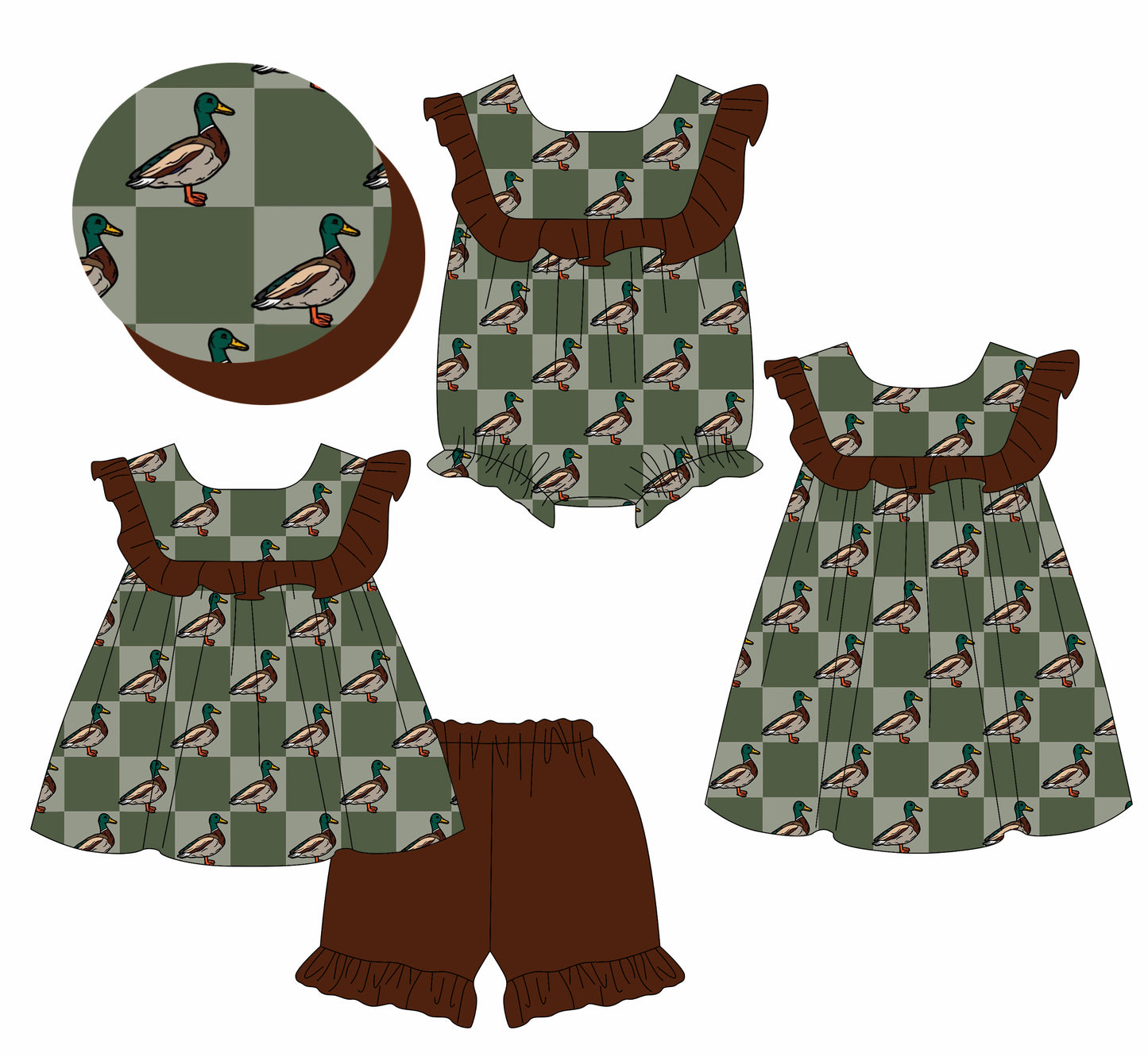 2.18 custom each style moq 5eta 4-6week Sibling Sisters duck baby girl short sleeve shorts sets and dress and rompers match family design