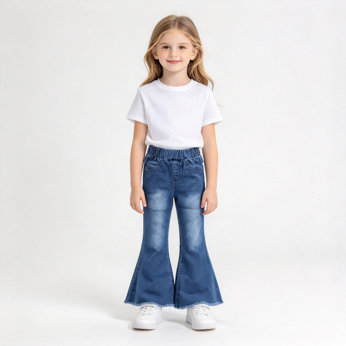 RTS NO MOQ Sibling Denim Baby Girls Denim Bell Bottoms Elastic Waist And Button Fly Flared Jeans