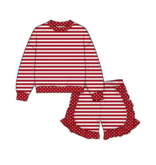 custom moq 5 mix size Baby Girls Red Stripe Polka Dot Long Sleeve Top And Ruffle Shorts Outfit Set