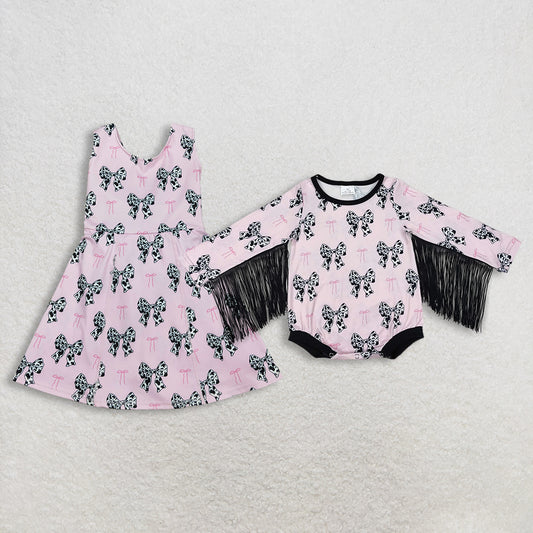 RTS NO MOQ Sibling Baby Girls Western Cow Print Bow Sleeveless Skort Knee Length Dresses Infant Pink Tassel Rompers