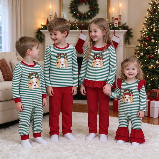 RTS NO MOQ Sibling milk silk Embroidery Baby Boys Girls Green White Stripe Christmas Reindeer Dog Print Romper And Ruffle Top Red Pant Set