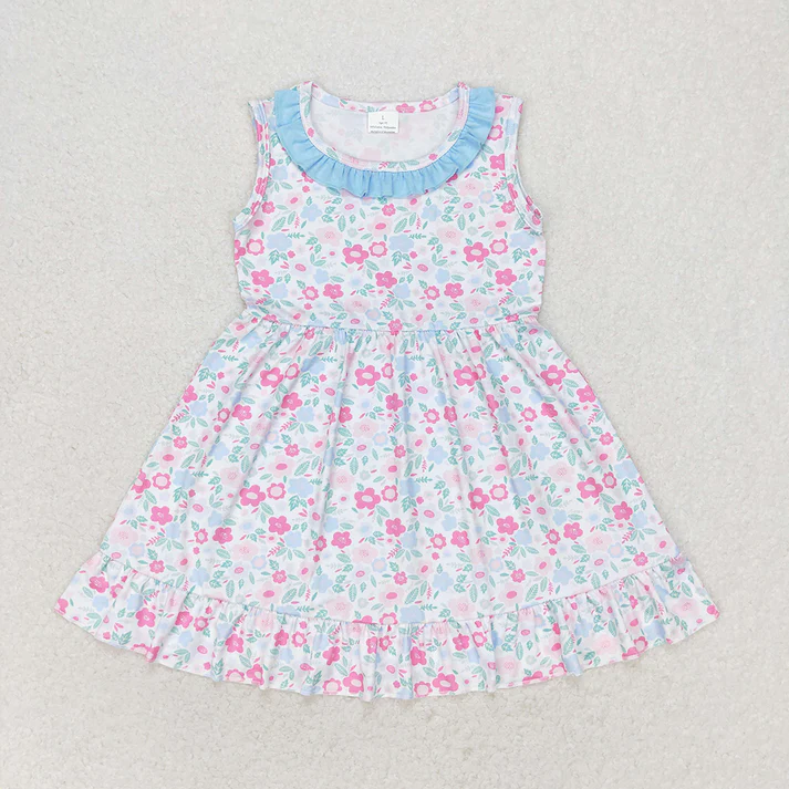 RTS NO MOQ Baby Girls Blue Ruffle Sibling Sister Dresses Floral Shorts Clothes Sets