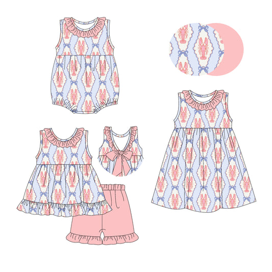 2.25 custom each style moq 5eta 4-6week Sibling Sisters crayfish bow baby girl short sleeve shorts sets and dress and rompers match family design