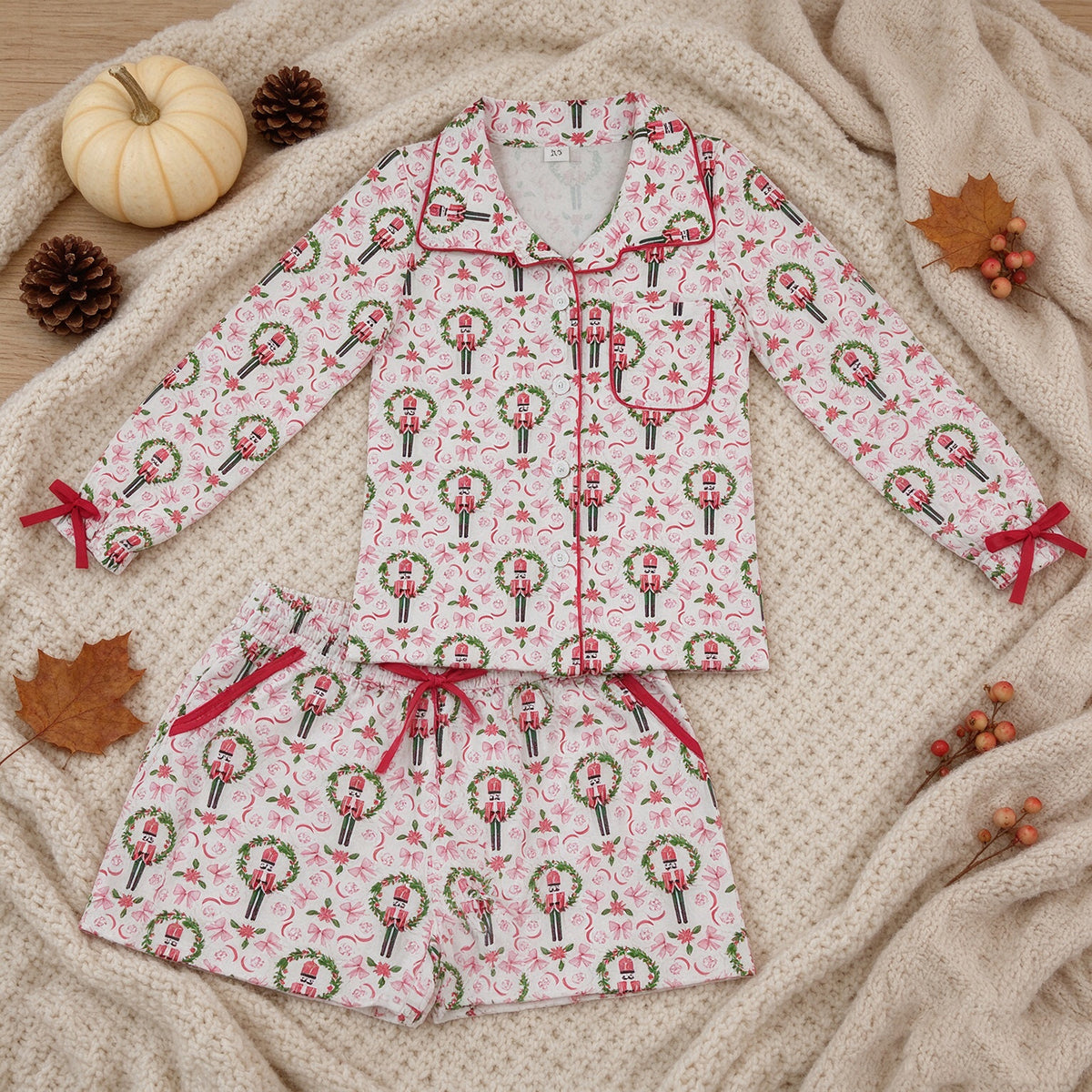 NEW RTS NO MOQ milk silk GLS0117 Adult Women Long Sleeve Button Pocket Top Shorts Holiday Christmas Sleepwear Sets