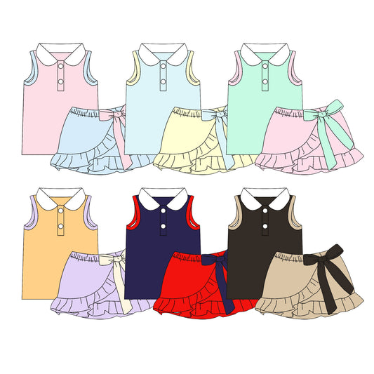 (Pre Order) No moq cotton Baby Girls Solid Color Button Vest Ruffle Bows Skirt Short Set