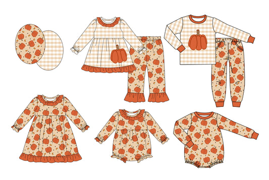 25.7.18 custom each style moq 5 eta 4-6week Sibling Sisters pumpkin baby girl long sleeve pants sets 1 and sets 2 and romper 1 and romper 2 and dress match family design