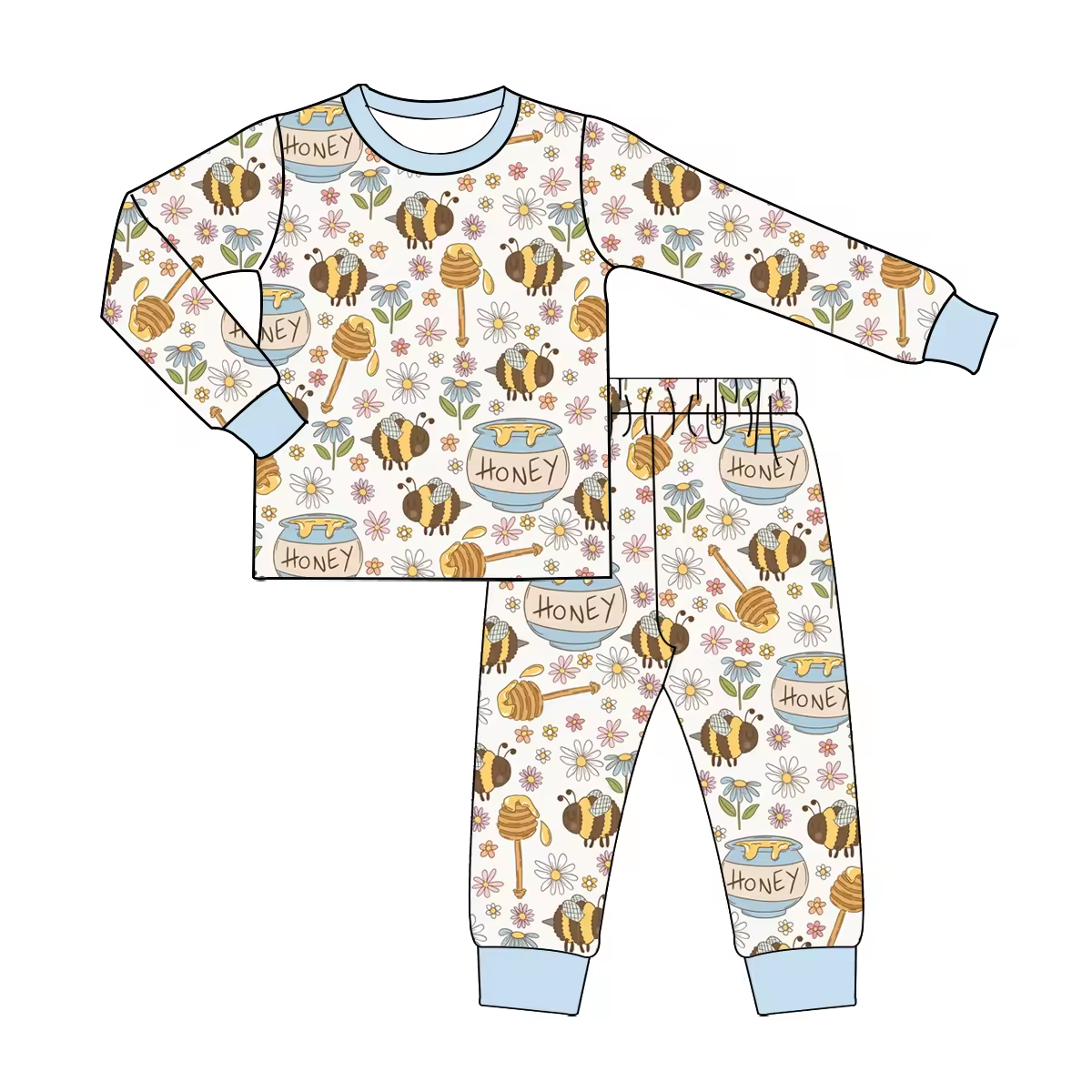 Custom moq 3 eta 6-8weeks Bee collecting honey light blue long-sleeved suit