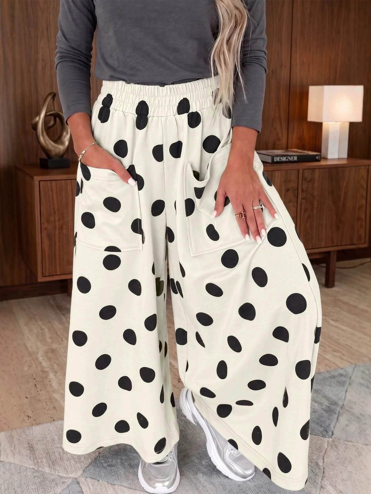 custom moq 5 mix size MYMSWN0107 Adult Polka Dot Wide Leg Pants Elastic Waist Front Pockets Casual Trousers