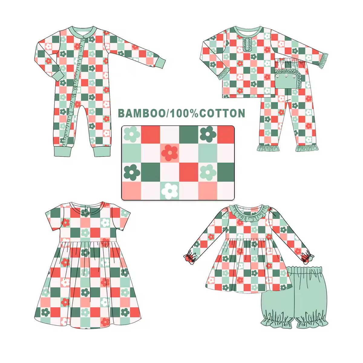 Custom moq 3 each mix size eta 6-8weeks  Red-green-pink-beige four-color plaid small flower pleated lace mixed set