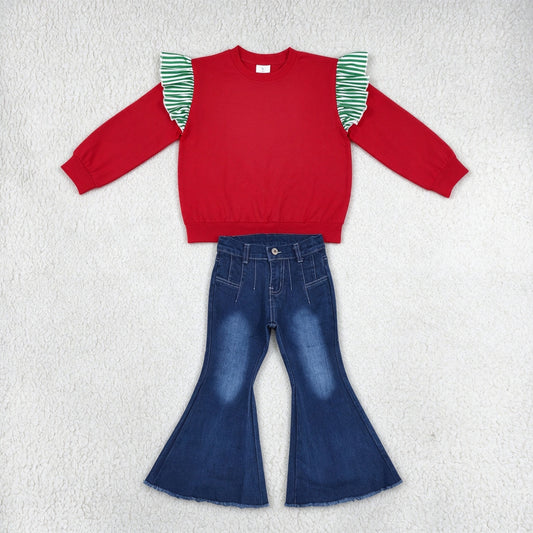 NEW RTS NO MOQ Denim GT1844+ P0457 Baby Girls Green White Striped Ruffle Shoulder Long Sleeve Red Top Bell Bottom Flare Jeans Outfit