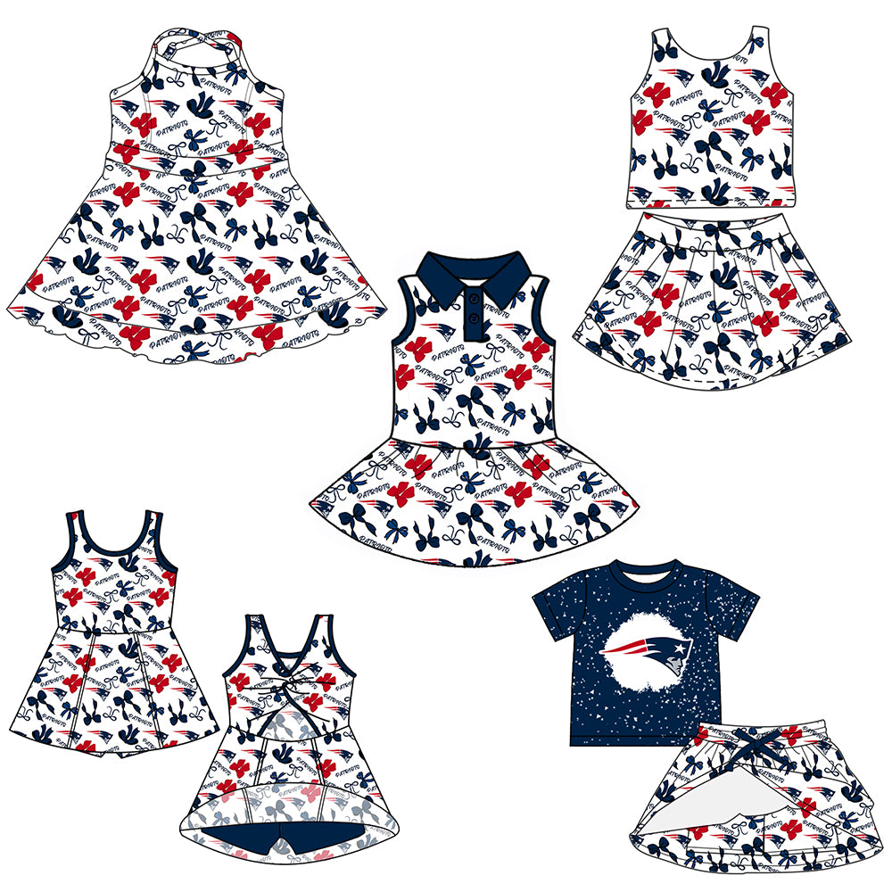 Custom moq 5 mix sizes summer teams baby girls clothes team blue short sleeve skirts shorts sets 1 and skirts sets 2 and dress 1 and dress 2 and dress 3 and dress 4-25.6.4