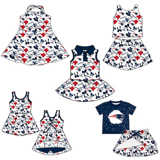 Custom moq 5 mix sizes summer teams baby girls clothes team blue short sleeve skirts shorts sets 1 and skirts sets 2 and dress 1 and dress 2 and dress 3 and dress 4-25.6.4