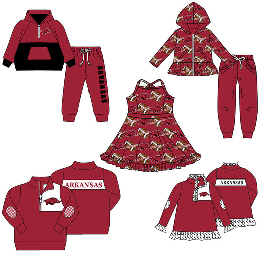 Custom moq 5 mix size milk silk summer teams baby girls clothes brick red hooded long sleeve pants sets and boy sets and dress and tops 2-25.8.19