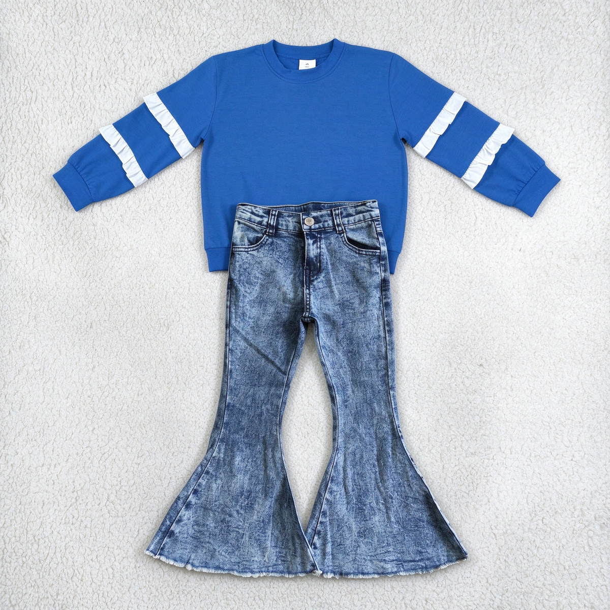 NEW RTS NO MOQ Denim GT1860+ P0008 Baby Girls Royal Blue Ruffle Sleeve Top Denim Flare Pant Set
