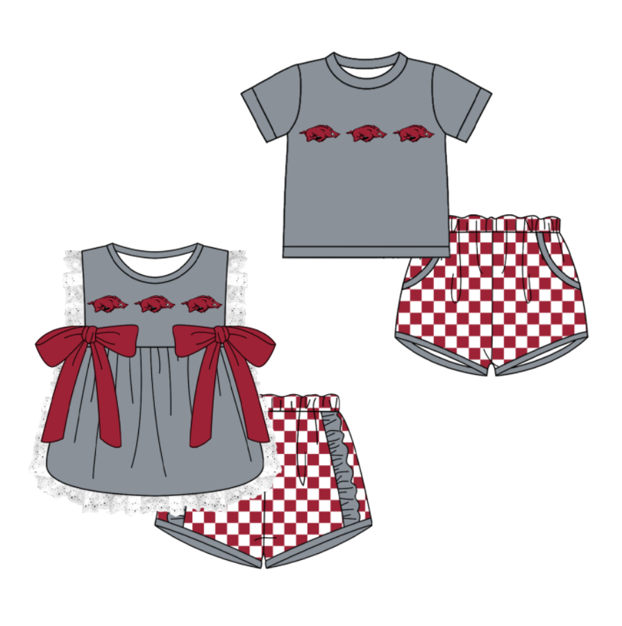 Custom moq 5 mix size milk silk summer teams Gray Girl Sleeveless Top And Plaid Shorts Set with Bow Boy Short Sleeved Top And Plaid Shorts Set