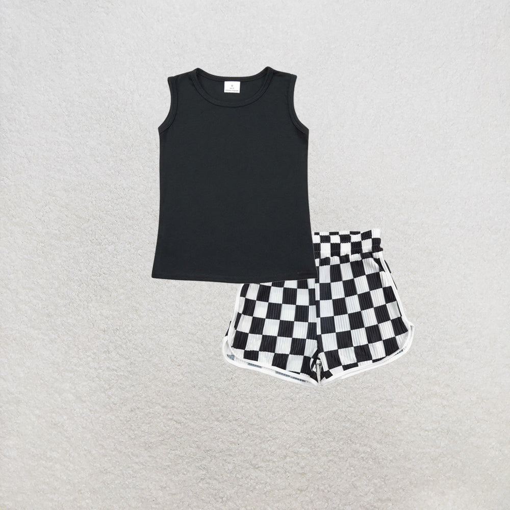 RTS NO MOQ GT0419+SS0209 Baby Girls Black Cotton Sleeveless Tank Tee Shirts Tops Checkered Shorts Set