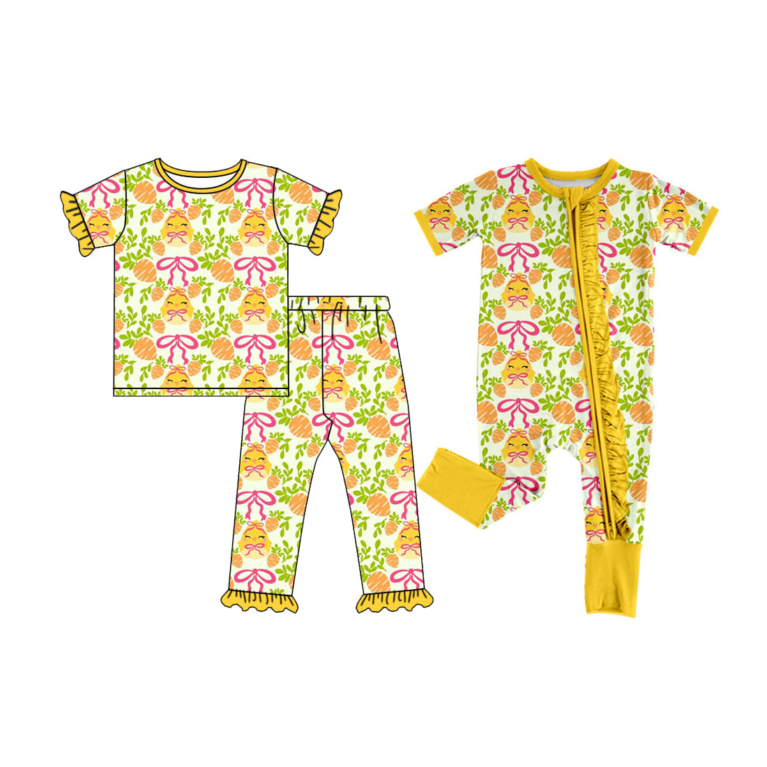 (Preorder new) No moq Baby Girls Easter Chick Carrot Print Ruffle Pajama Set And Zipper Romper