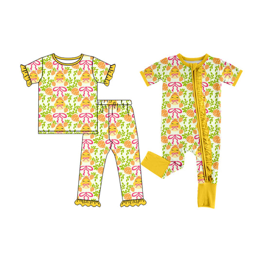 (Preorder new) No moq Baby Girls Easter Chick Carrot Print Ruffle Pajama Set And Zipper Romper