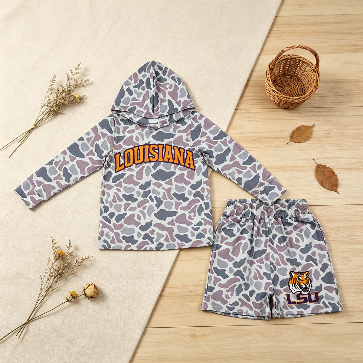 NEW RTS NO MOQ milk silk BLS0045 Baby Boys Grey Camo Letter Print Long Sleeve Hoodie Casual Shorts Team Set