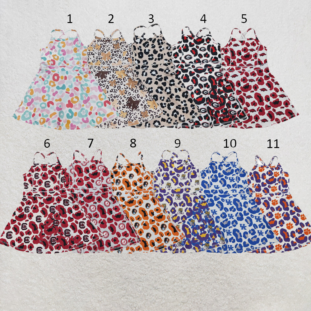 RTS NO MOQ Sibling yoga fabric Baby Girls Fashion Leopard Strap Knee Active Wear Dresses