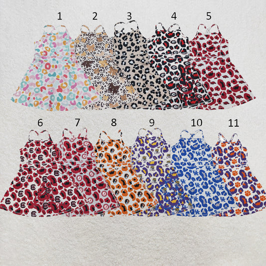 RTS NO MOQ Sibling yoga fabric Baby Girls Fashion Leopard Strap Knee Active Wear Dresses