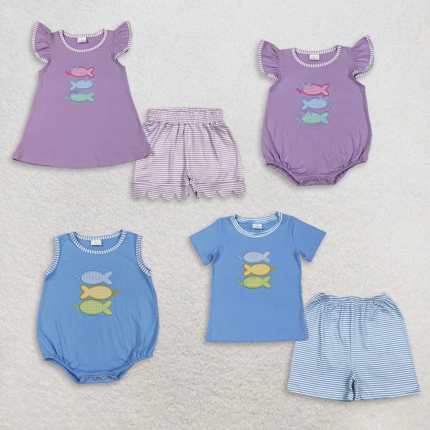 RTS NO MOQ Sibling milk silk Kids Embroidery Fish Pattern Stripe Top Hunting Romper Outfit