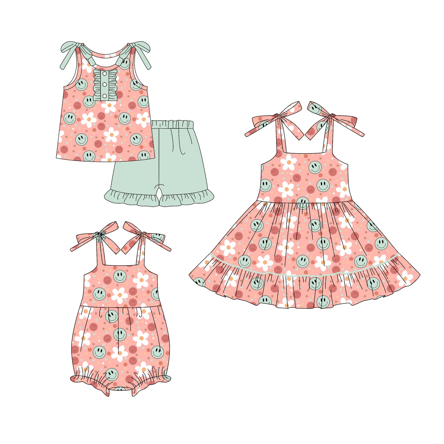 4.18 custom each style moq 5eta 4-6week Sibling Sisters smiley floral baby girl short sleeve shorts sets and dress and rompers match family design