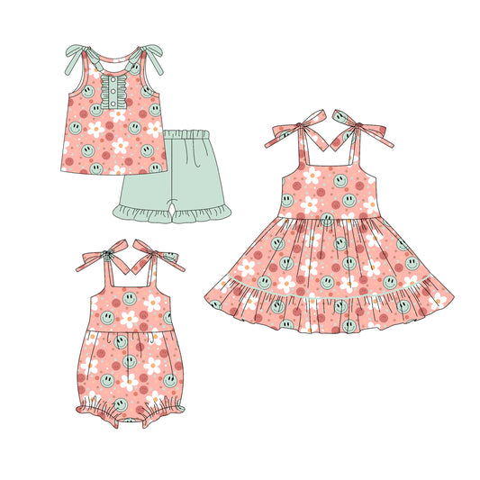 4.18 custom each style moq 5eta 4-6week Sibling Sisters smiley floral baby girl short sleeve shorts sets and dress and rompers match family design