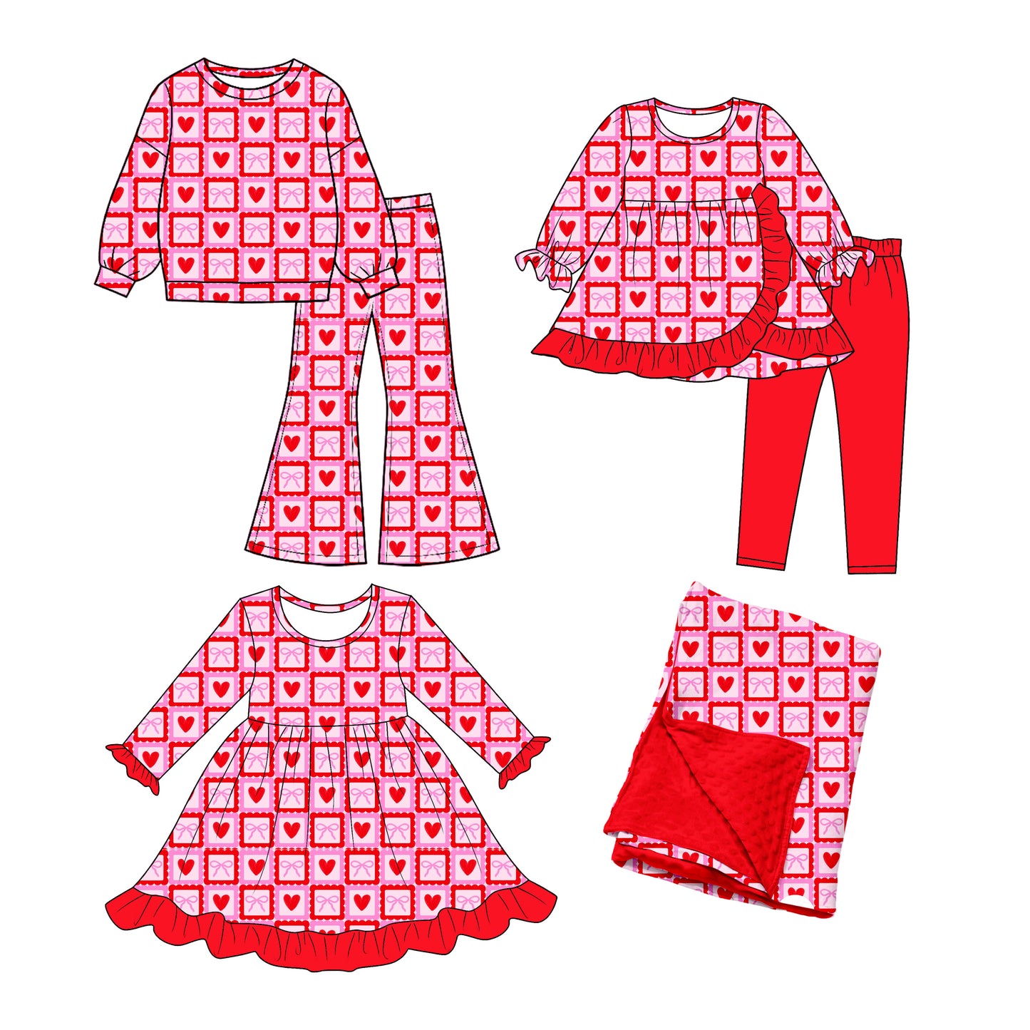 (Preorder new) No moq Girls Pink Red Heart Bow Check Outfit Set dress Baby Blanket