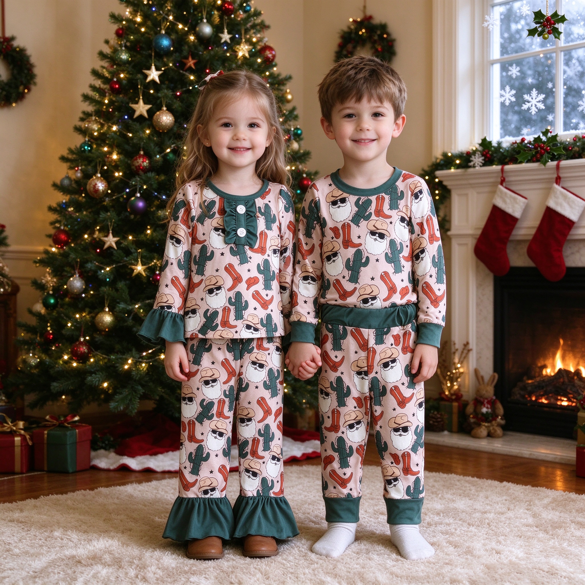 Sibling Christmas Pajama Set - West Santa Cactus for Baby Boys & Girls