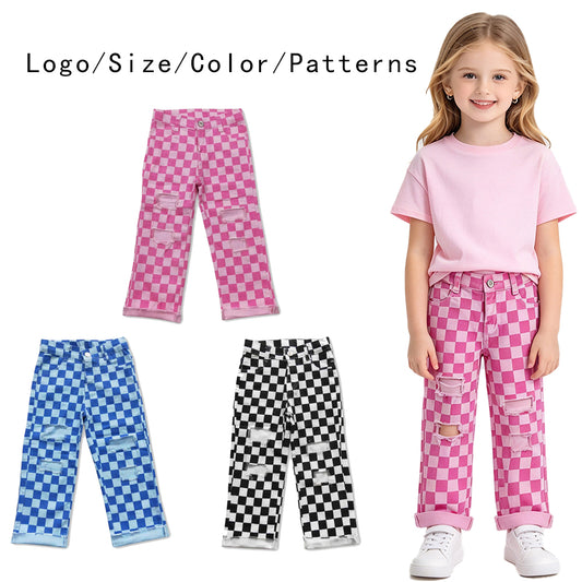 RTS NO MOQ Sibling Denim Baby Girls Checkerboard Print Straight Denim Pants