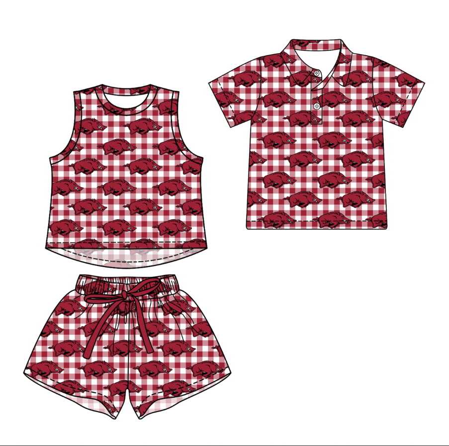 Custom moq 5 mix size milk silk summer teams Red Checked Girls Sleeveless Top And Short Sets Boys Short Sleeve Button Polo Shirt Top