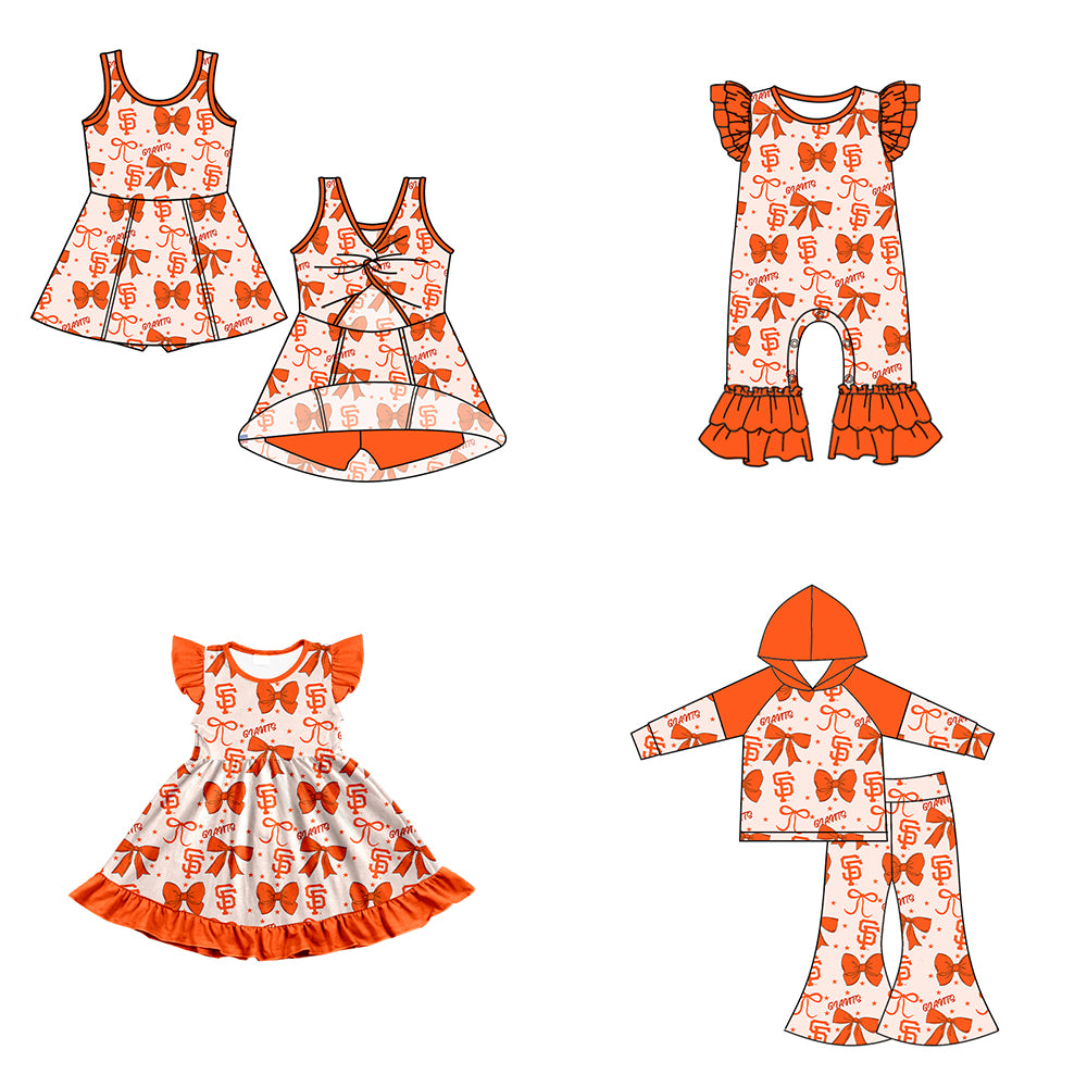 Custom moq 5 mix size milk silk summer teams baby girls clothes team bow orange long sleeve hooded pants sets and dress 1 and dress 2 and romper-25.6.16