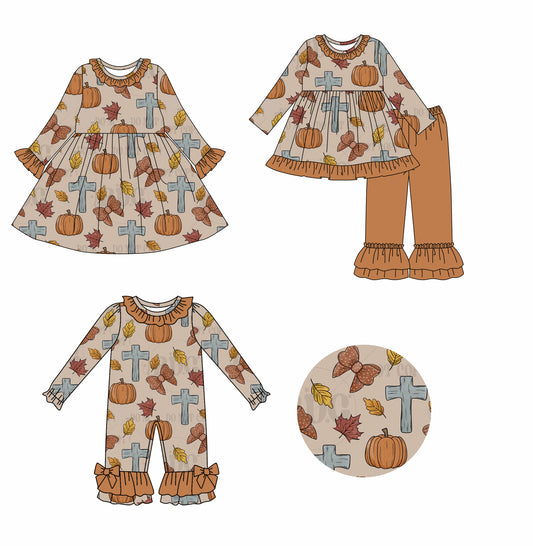 25.7.19 custom each style moq 5eta 4-6week Sibling Sisters pumpkin bow baby girl long sleeve pants sets and dress and rompers match family design