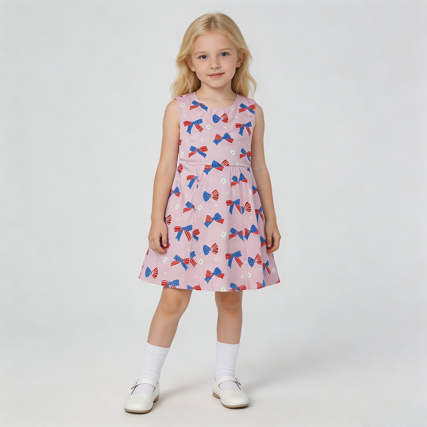 RTS NO MOQ yoga fabric GSD3748 Baby Girls 4th of July Flower Flag Bow Yoga Knee Dress