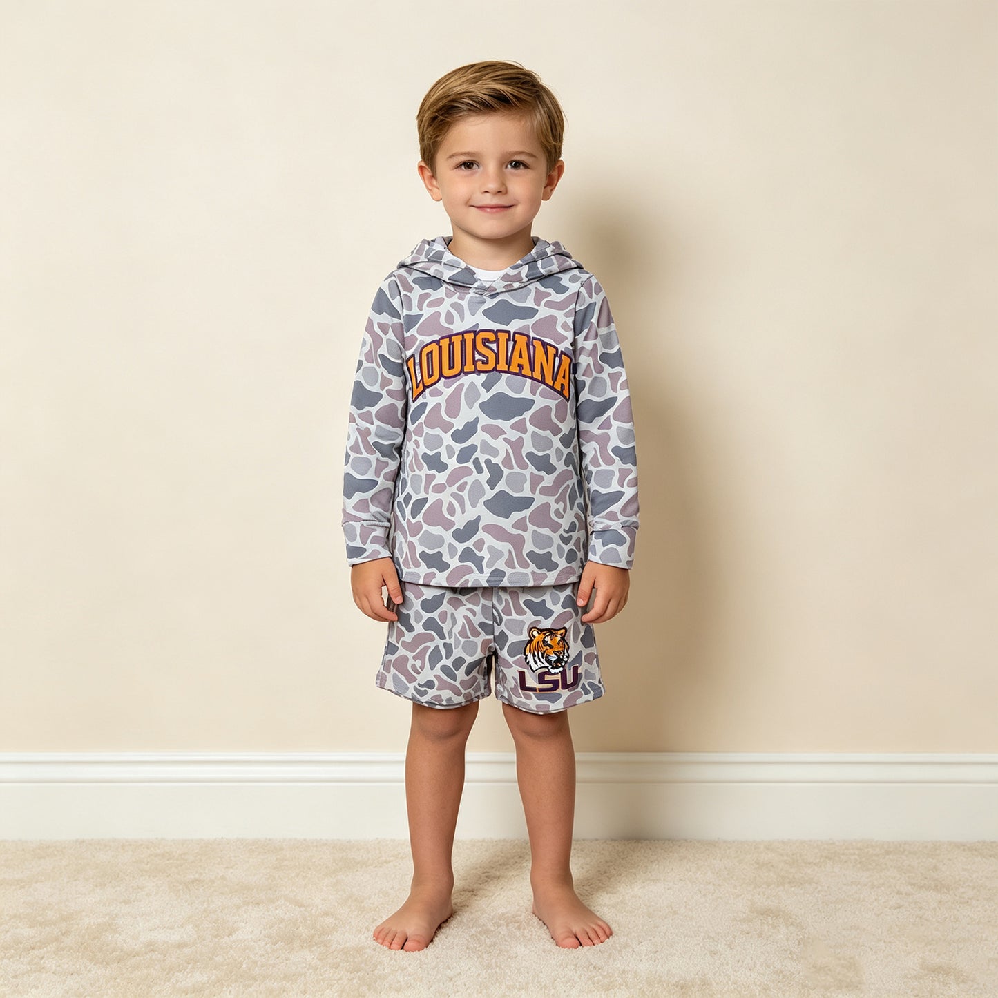 NEW RTS NO MOQ milk silk BLS0045 Baby Boys Grey Camo Letter Print Long Sleeve Hoodie Shorts Team Outfit