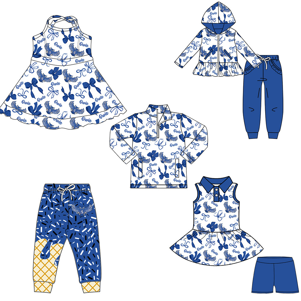 Custom moq 5 mix size milk silk summer teams baby girls clothes bow blue hooded long sleeve pants sets and shorts sets and dress and top and pant-25.8.11
