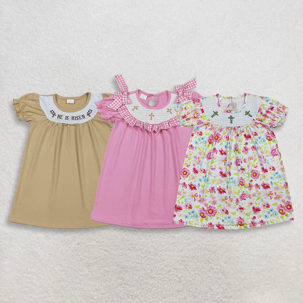 RTS NO MOQ Sibling Baby Girls Smocked Easter Crosses Ruffle Sleeves Knee Length Dress