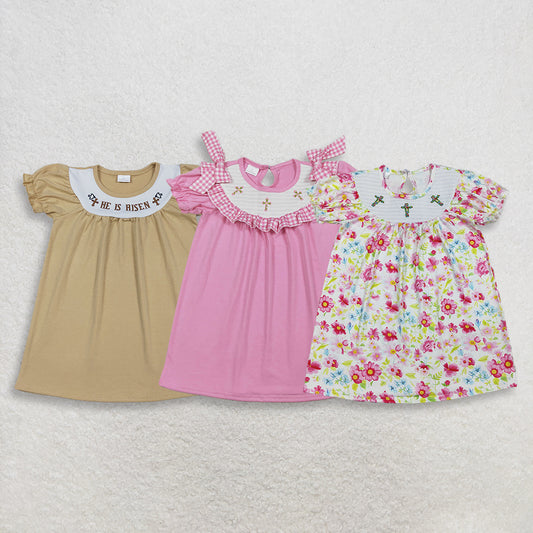 RTS NO MOQ Sibling Baby Girls Smocked Easter Crosses Ruffle Sleeves Knee Length Dress