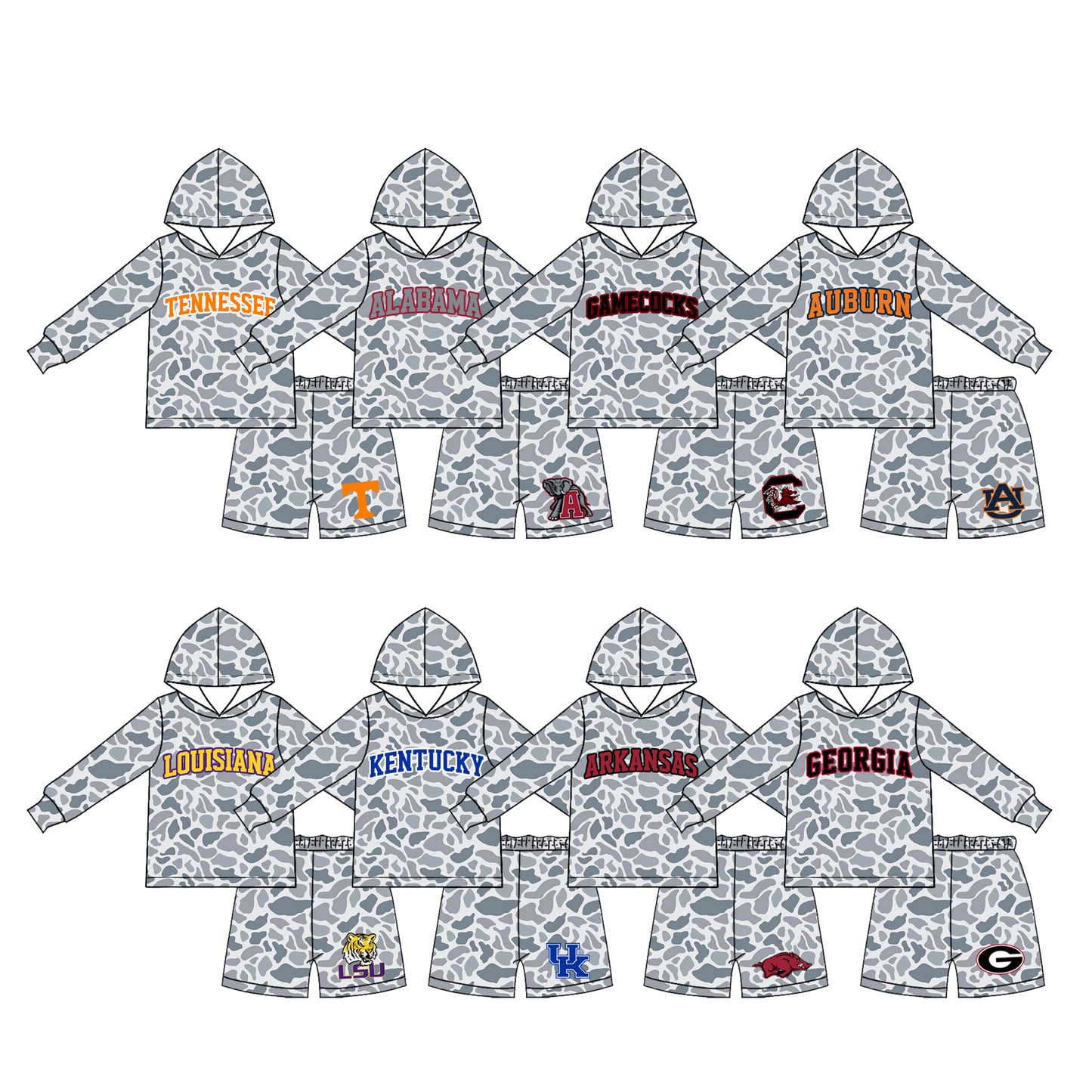 (Preorder new) No moq Baby Boys Grey Camo Print Hooded Long Sleeve Top Short Clothes Set