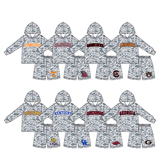 (Preorder new) No moq Baby Boys Grey Camo Print Hooded Long Sleeve Top Short Clothes Set
