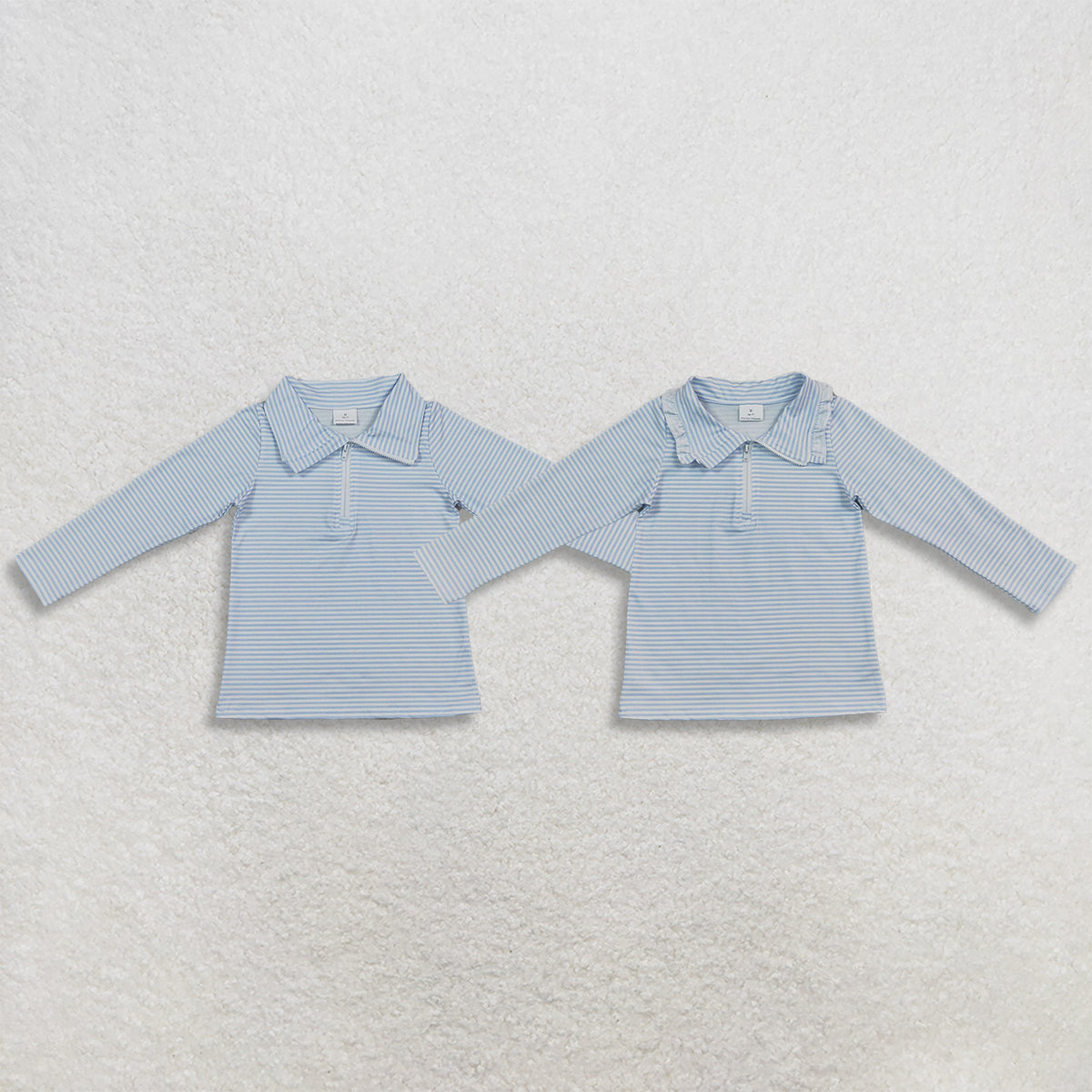 RTS NO MOQ Sibling milk silk Baby Girls Boys Blue White Stripe Collar Long Sleeve Half Zip Top