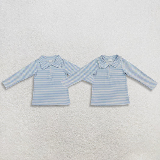 RTS NO MOQ Sibling milk silk Baby Girls Boys Blue White Stripe Collar Long Sleeve Half Zip Top