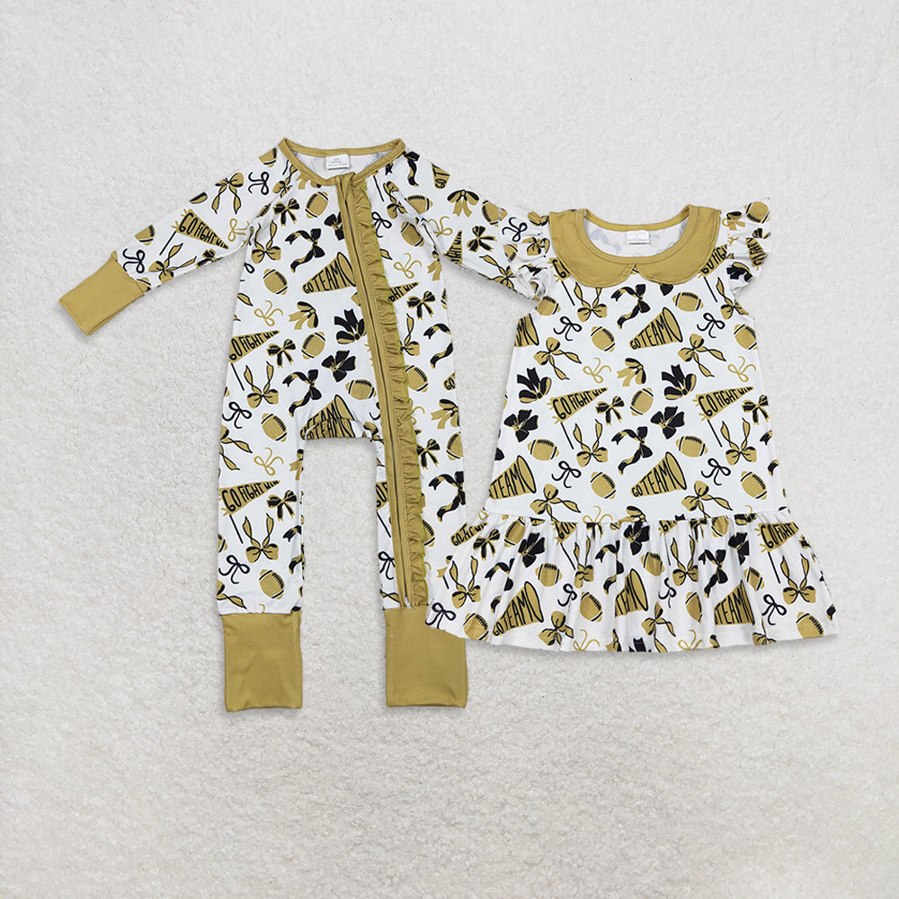 RTS NO MOQ Sibling baby girl clothes team cheer bow flying sleeve dress and romper