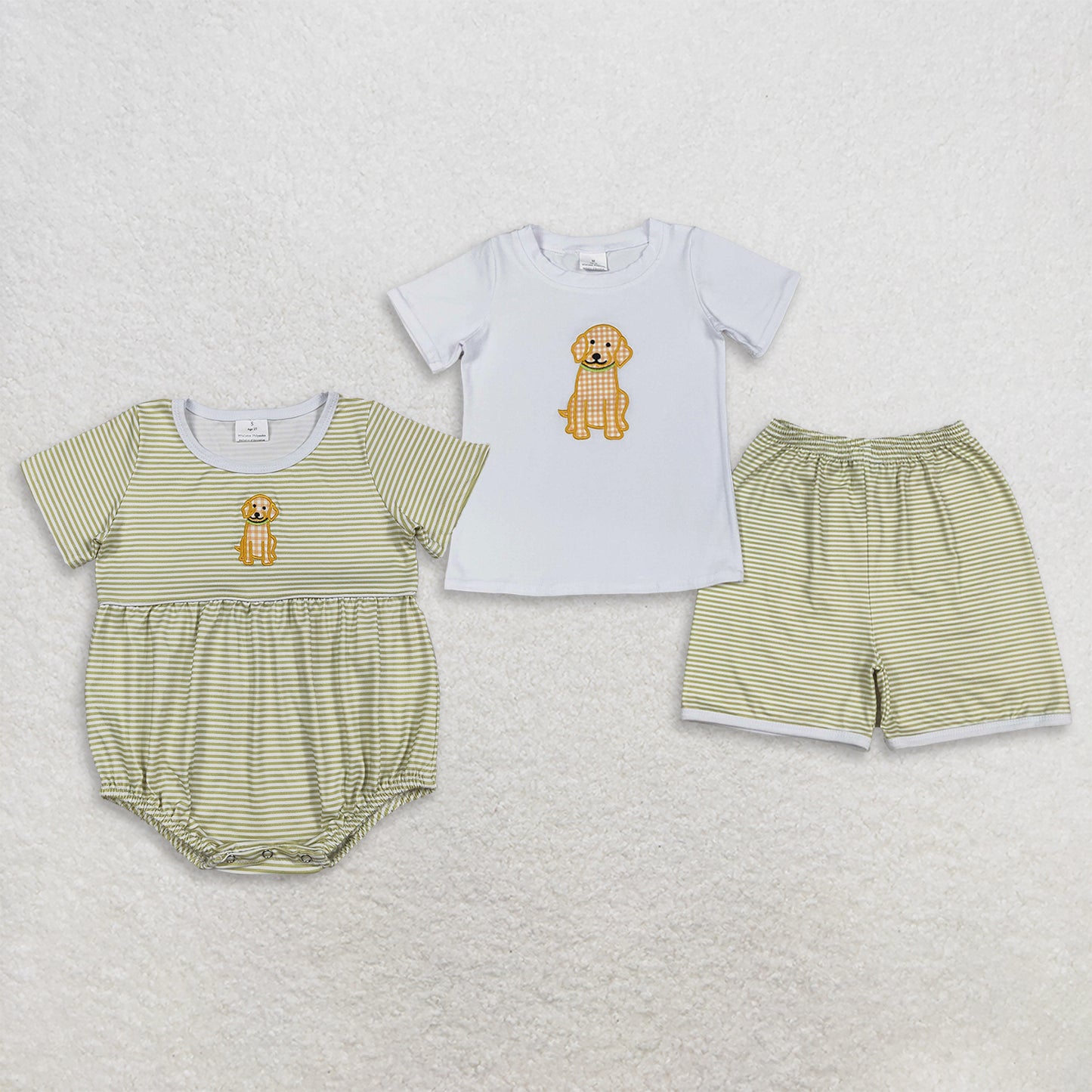 RTS NO MOQ milk silk Sibling Baby Boys Embroidery Dogs Shirt Top Stripe Short Hunting Clothes Sets Short Sleeve Stripe Hunting Rompers
